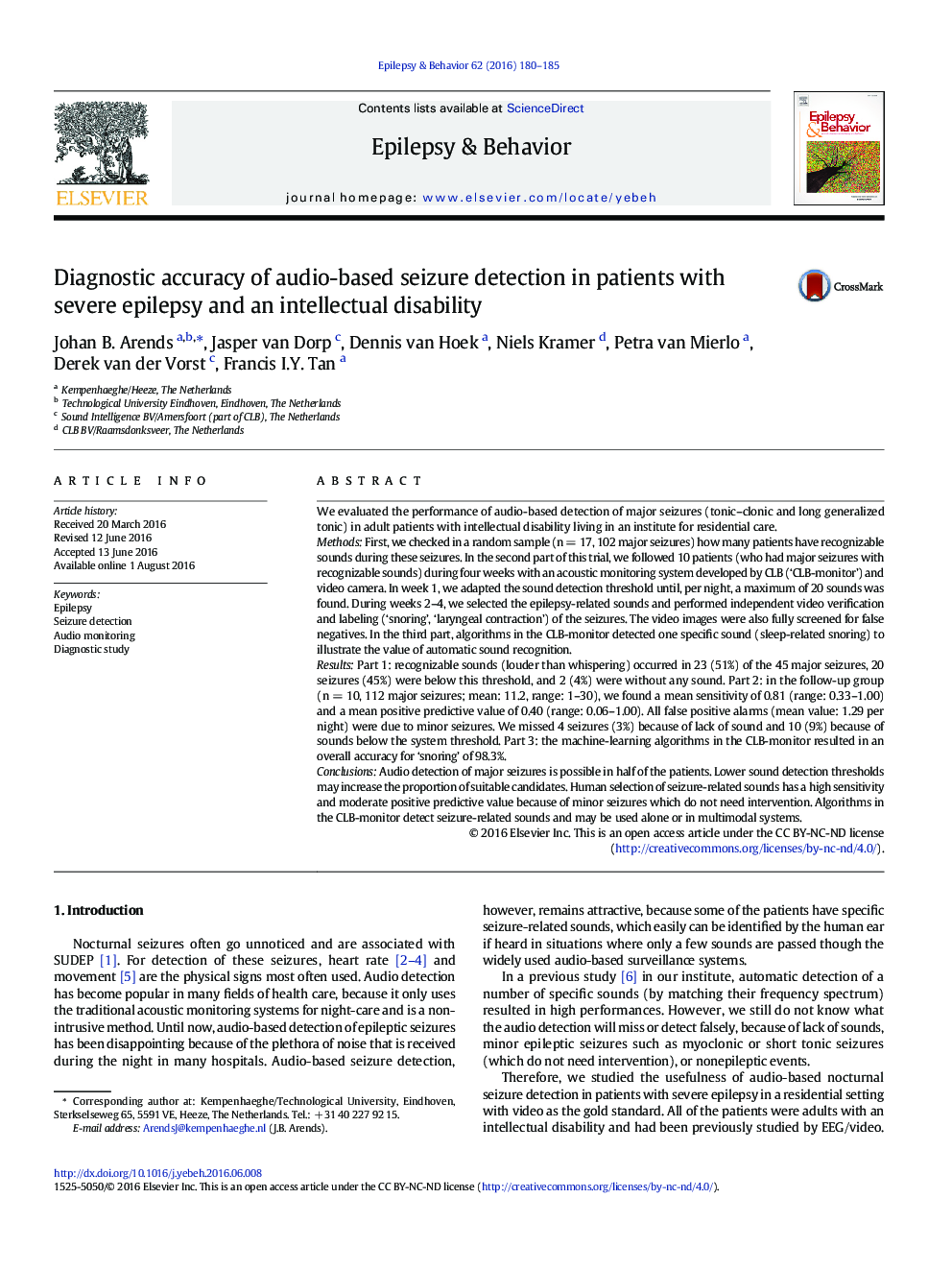 Diagnostic accuracy of audio-based seizure detection in patients with severe epilepsy and an intellectual disability