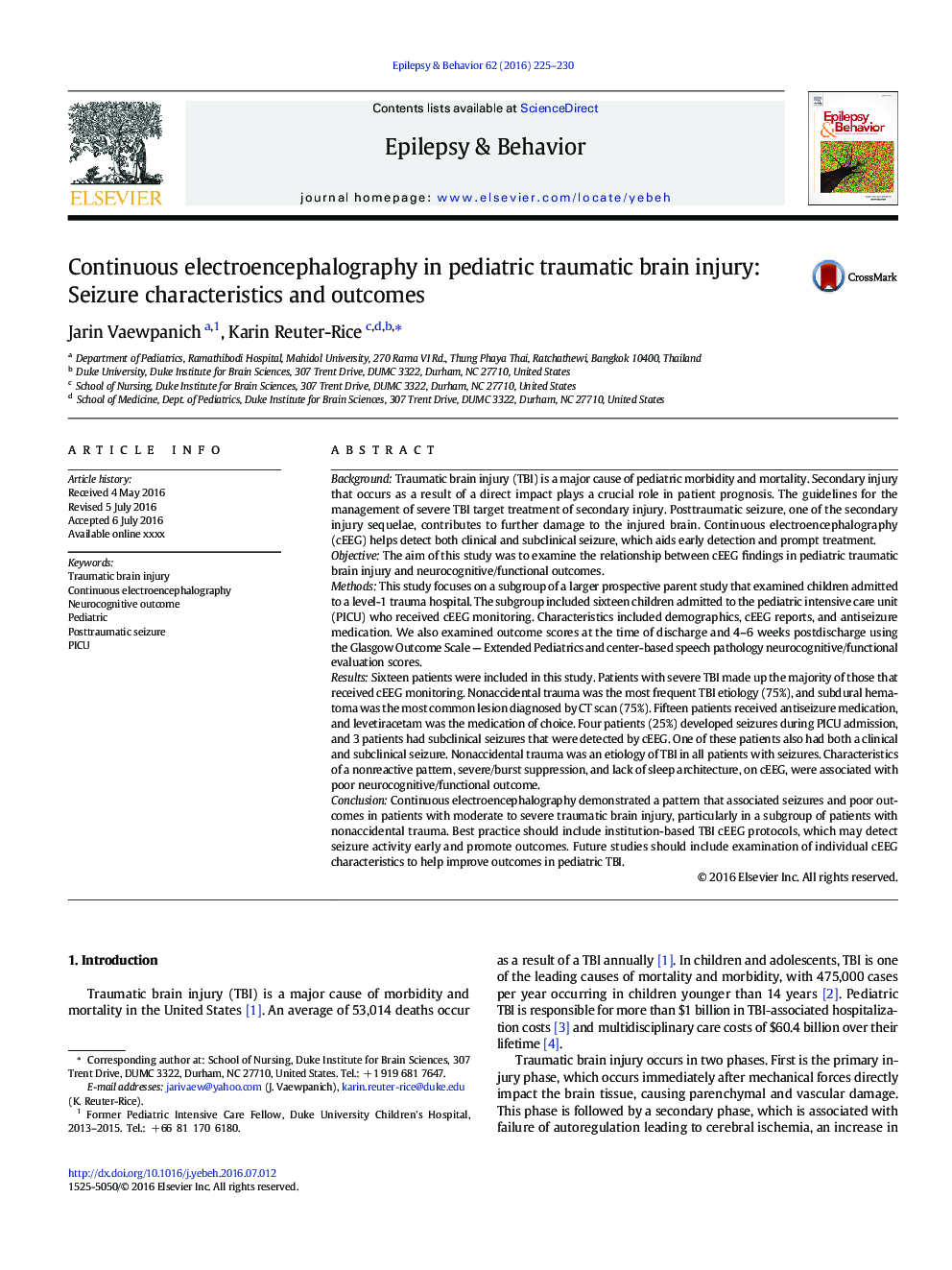 Continuous electroencephalography in pediatric traumatic brain injury: Seizure characteristics and outcomes