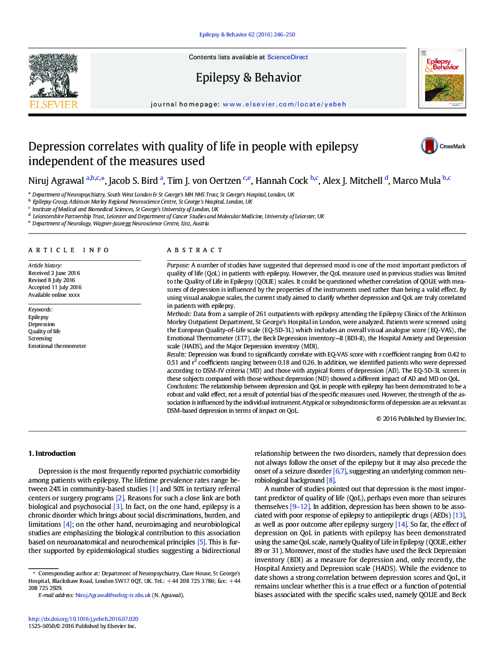 Depression correlates with quality of life in people with epilepsy independent of the measures used