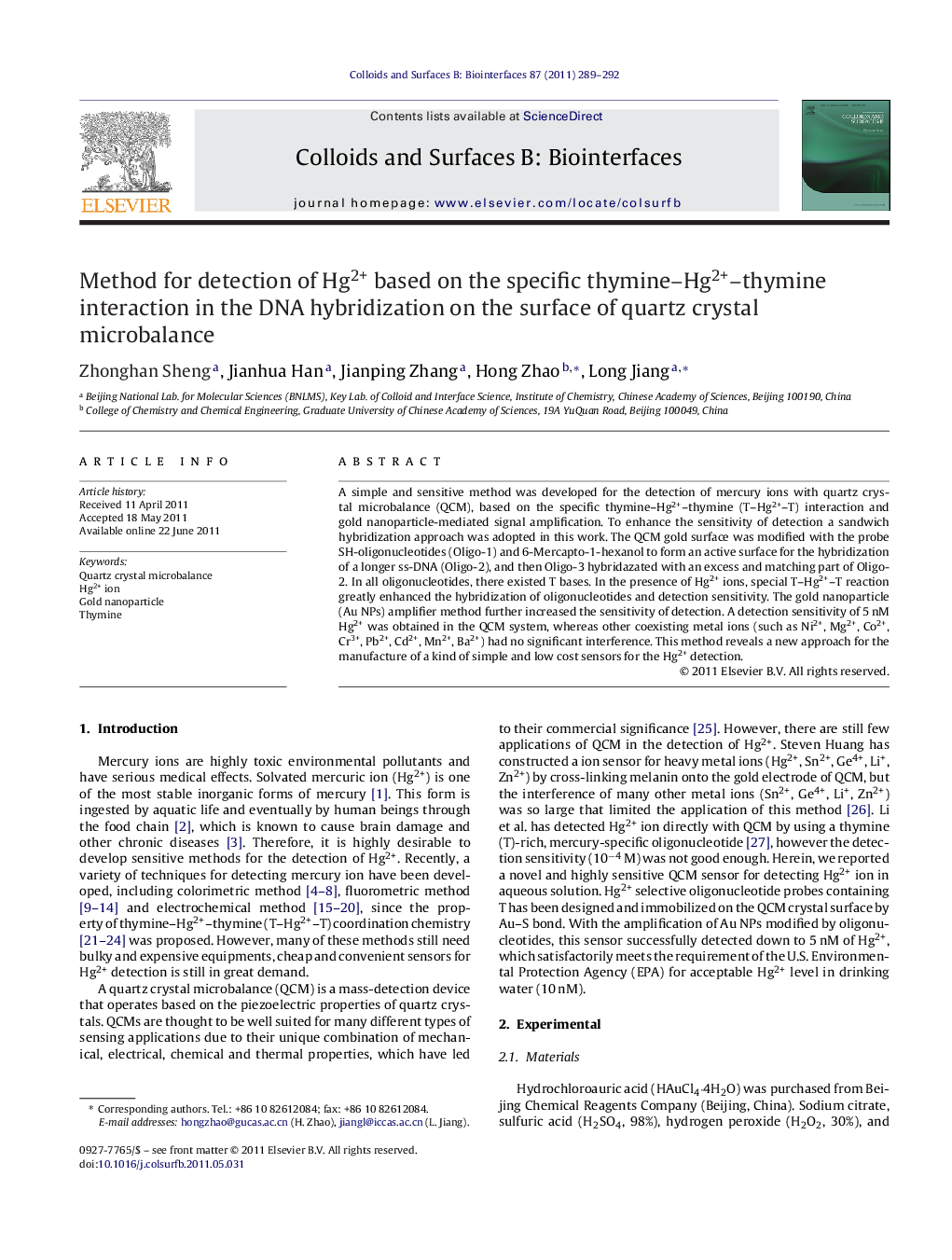 Method for detection of Hg2+ based on the specific thymine–Hg2+–thymine interaction in the DNA hybridization on the surface of quartz crystal microbalance