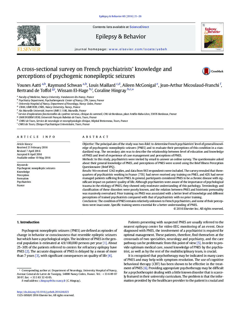 A cross-sectional survey on French psychiatrists' knowledge and perceptions of psychogenic nonepileptic seizures