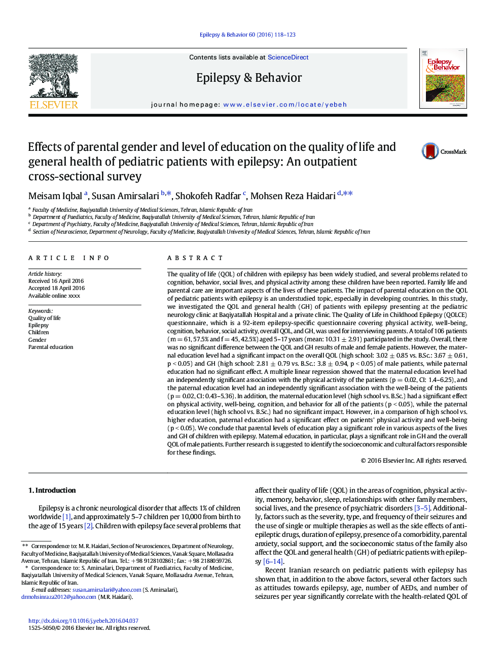 Effects of parental gender and level of education on the quality of life and general health of pediatric patients with epilepsy: An outpatient cross-sectional survey