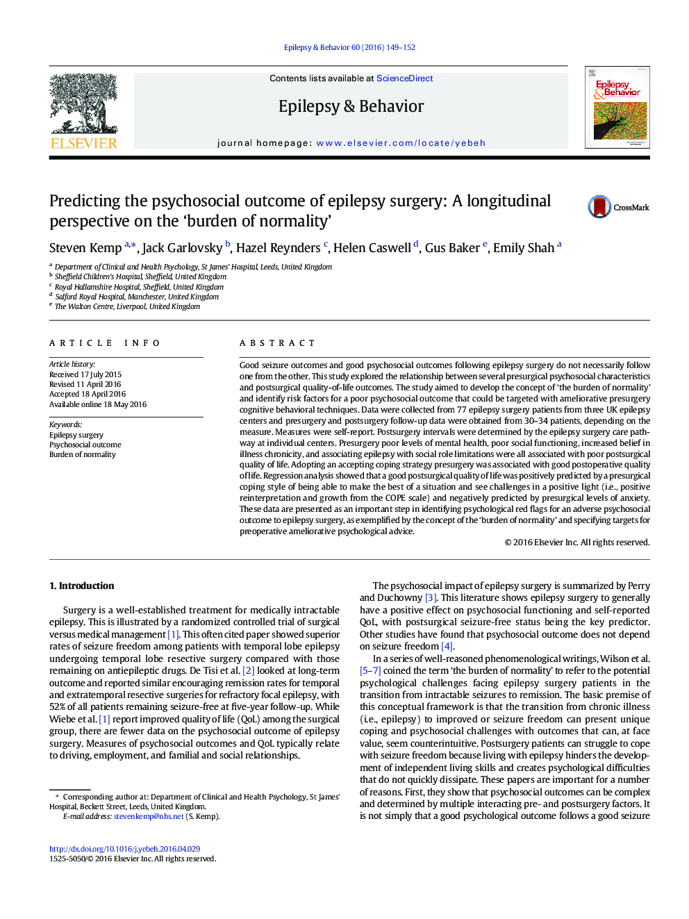 Predicting the psychosocial outcome of epilepsy surgery: A longitudinal perspective on the 'burden of normality'