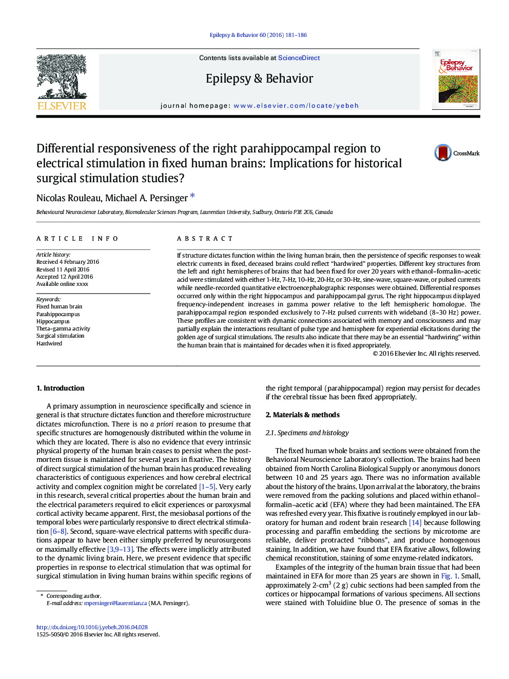 Differential responsiveness of the right parahippocampal region to electrical stimulation in fixed human brains: Implications for historical surgical stimulation studies?