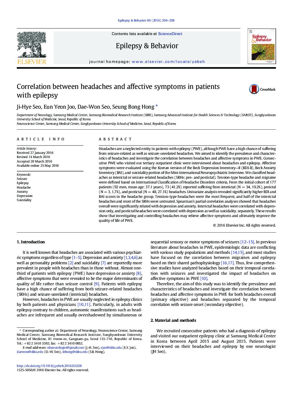 Correlation between headaches and affective symptoms in patients with epilepsy