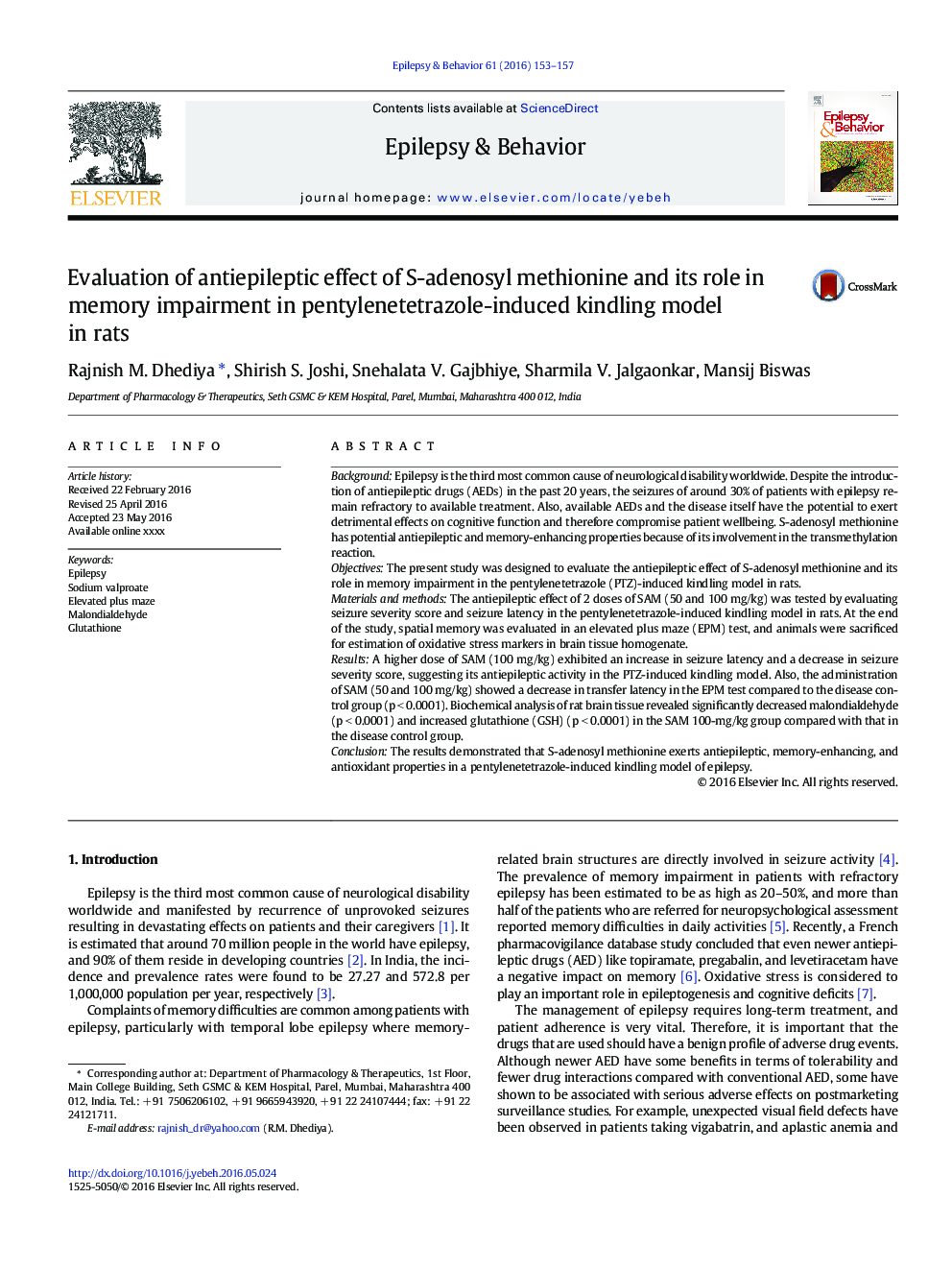 Evaluation of antiepileptic effect of S-adenosyl methionine and its role in memory impairment in pentylenetetrazole-induced kindling model in rats