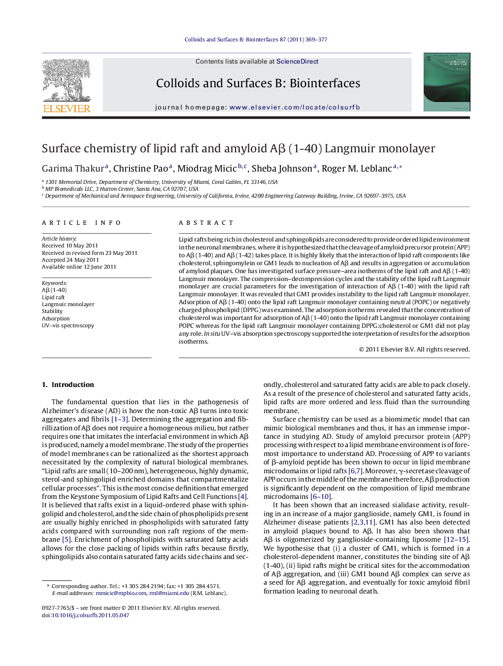 Surface chemistry of lipid raft and amyloid Aβ (1-40) Langmuir monolayer