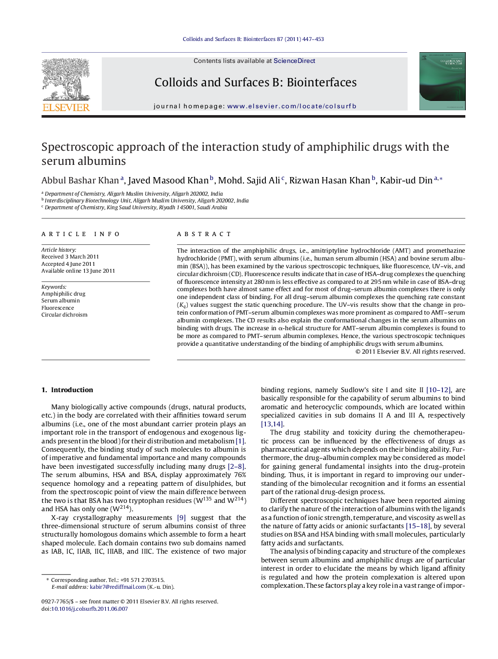 Spectroscopic approach of the interaction study of amphiphilic drugs with the serum albumins