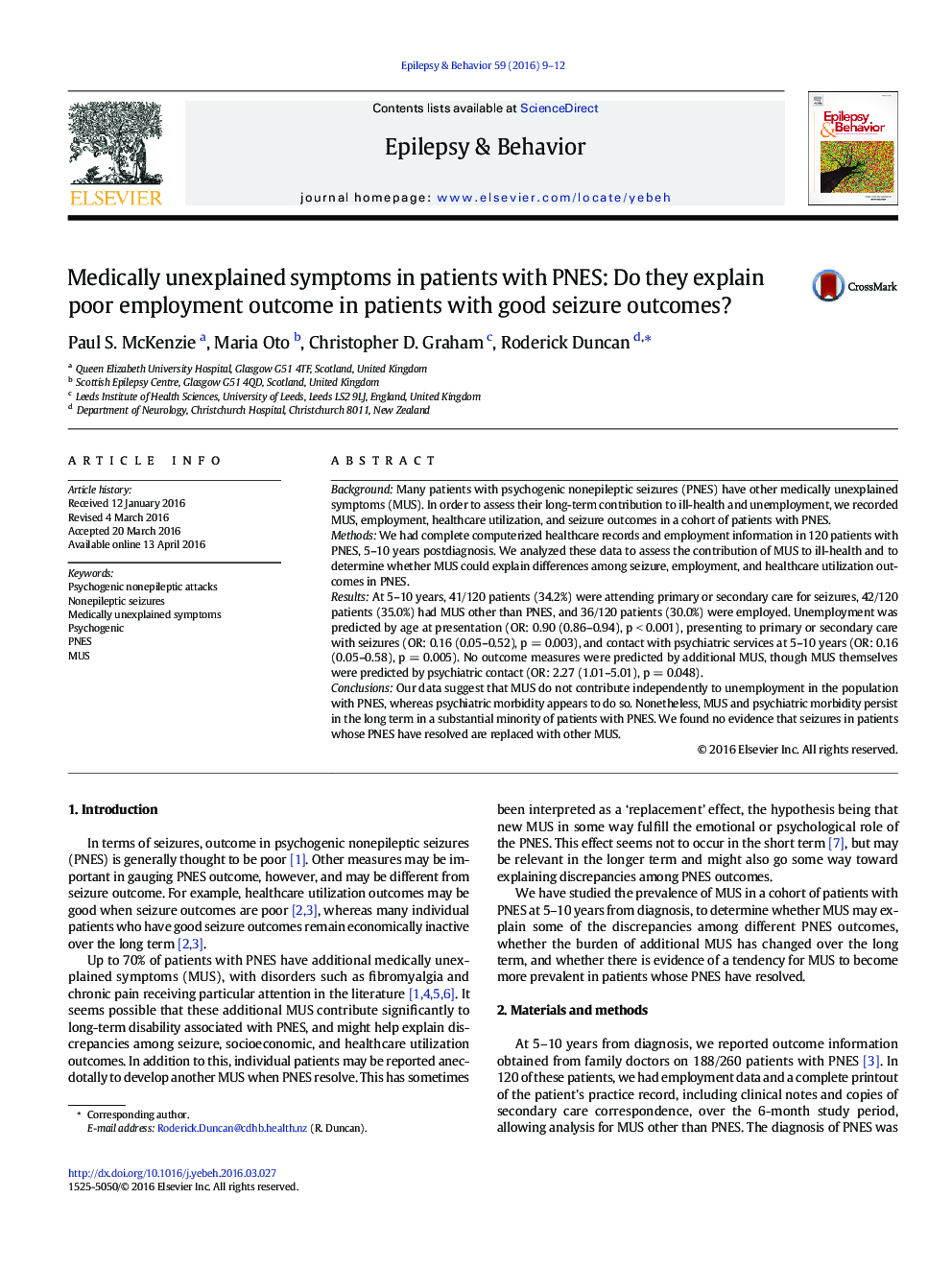 Medically unexplained symptoms in patients with PNES: Do they explain poor employment outcome in patients with good seizure outcomes?