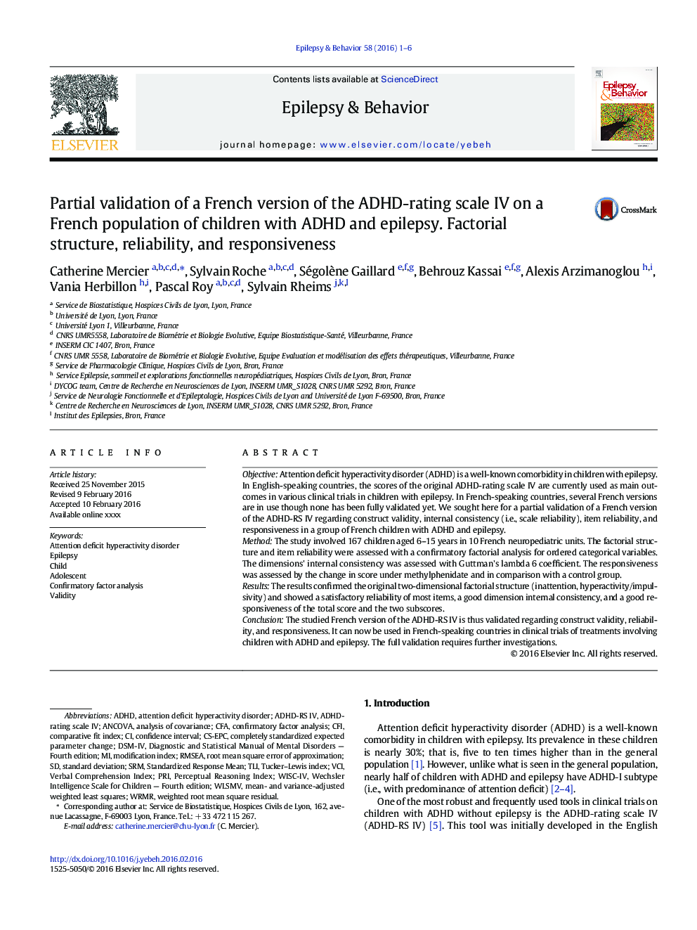 Partial validation of a French version of the ADHD-rating scale IV on a French population of children with ADHD and epilepsy. Factorial structure, reliability, and responsiveness