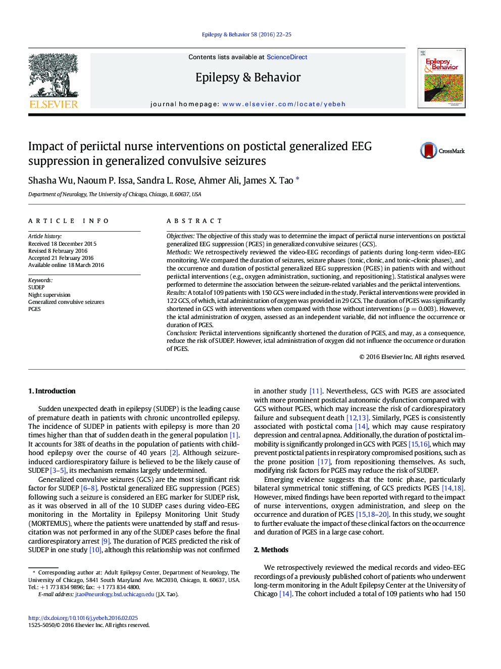 Impact of periictal nurse interventions on postictal generalized EEG suppression in generalized convulsive seizures