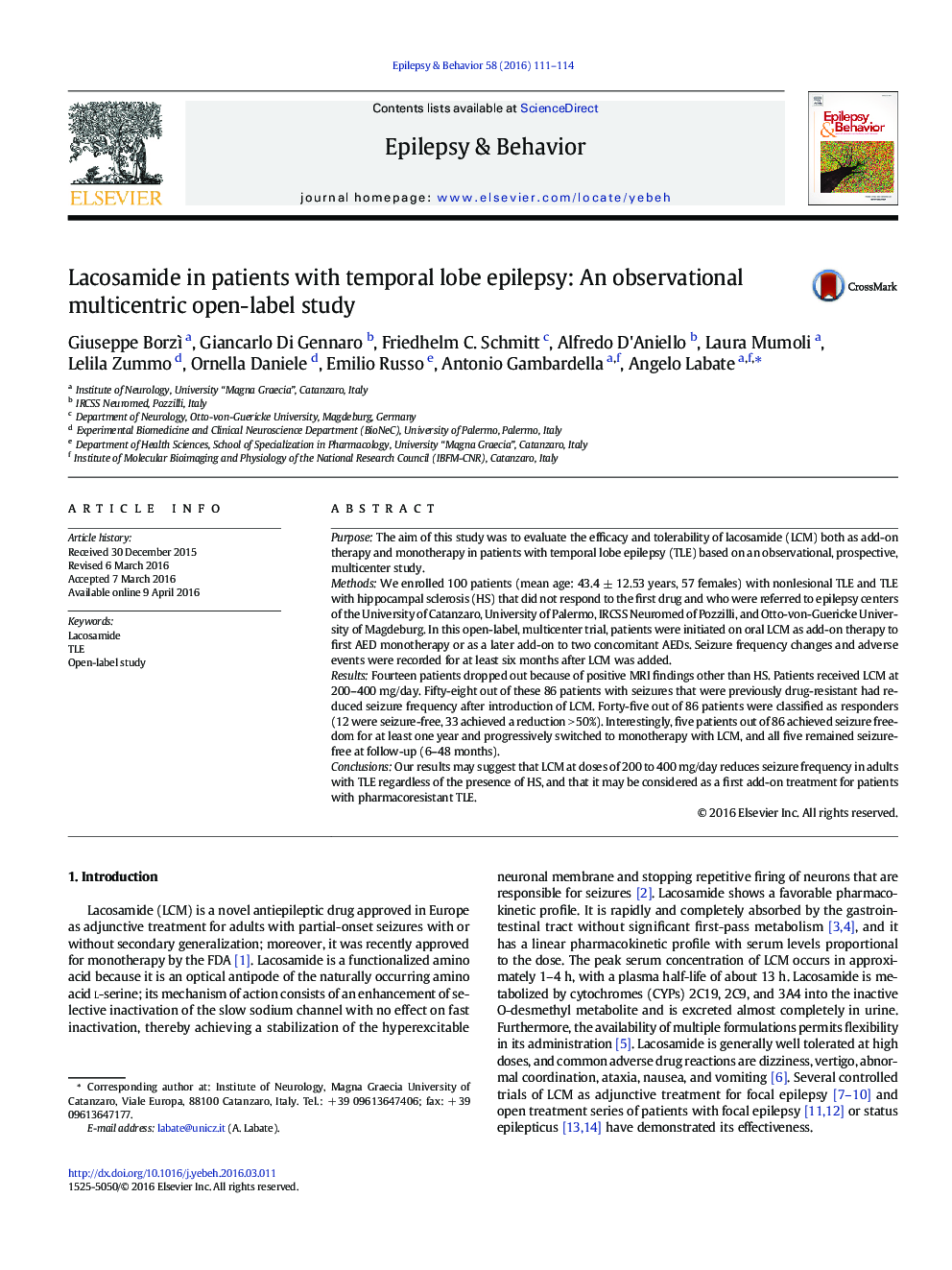 Lacosamide in patients with temporal lobe epilepsy: An observational multicentric open-label study