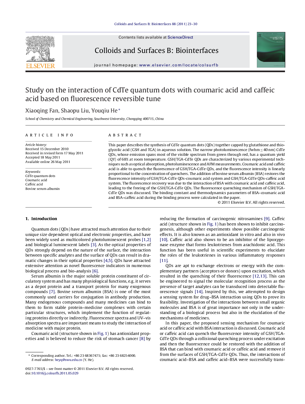 Study on the interaction of CdTe quantum dots with coumaric acid and caffeic acid based on fluorescence reversible tune