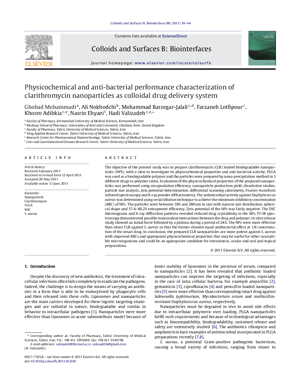 Physicochemical and anti-bacterial performance characterization of clarithromycin nanoparticles as colloidal drug delivery system