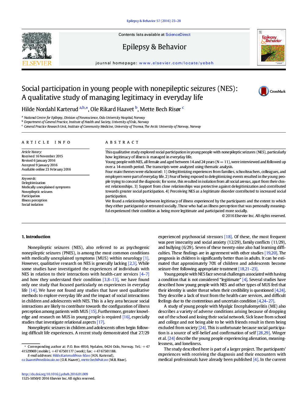 Social participation in young people with nonepileptic seizures (NES): A qualitative study of managing legitimacy in everyday life
