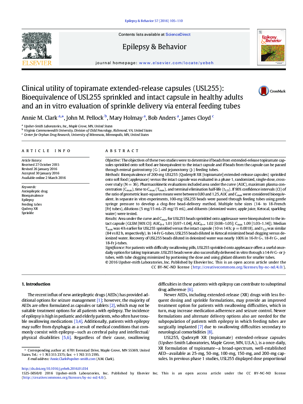 Clinical utility of topiramate extended-release capsules (USL255): Bioequivalence of USL255 sprinkled and intact capsule in healthy adults and an in vitro evaluation of sprinkle delivery via enteral feeding tubes