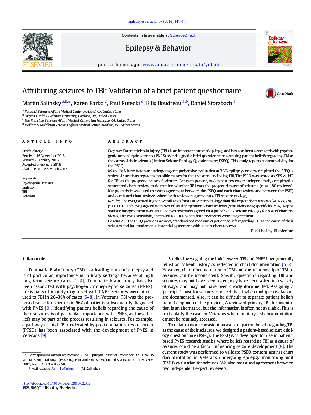 Attributing seizures to TBI: Validation of a brief patient questionnaire