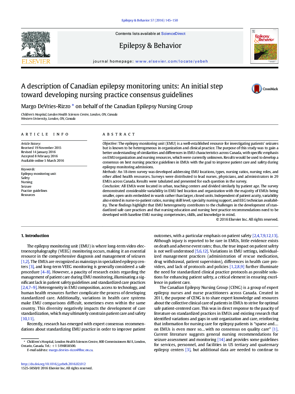 A description of Canadian epilepsy monitoring units: An initial step toward developing nursing practice consensus guidelines