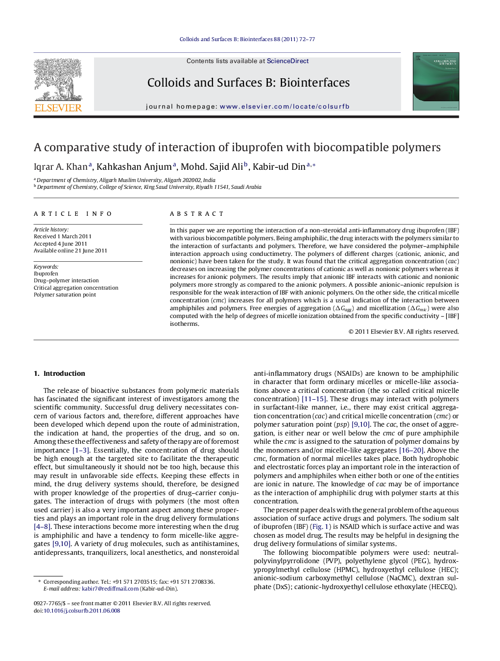 A comparative study of interaction of ibuprofen with biocompatible polymers