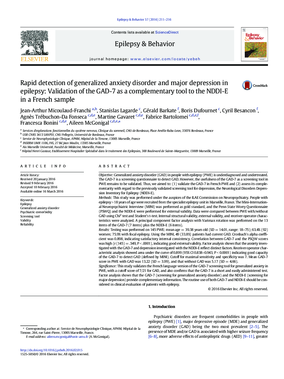 Rapid detection of generalized anxiety disorder and major depression in epilepsy: Validation of the GAD-7 as a complementary tool to the NDDI-E in a French sample