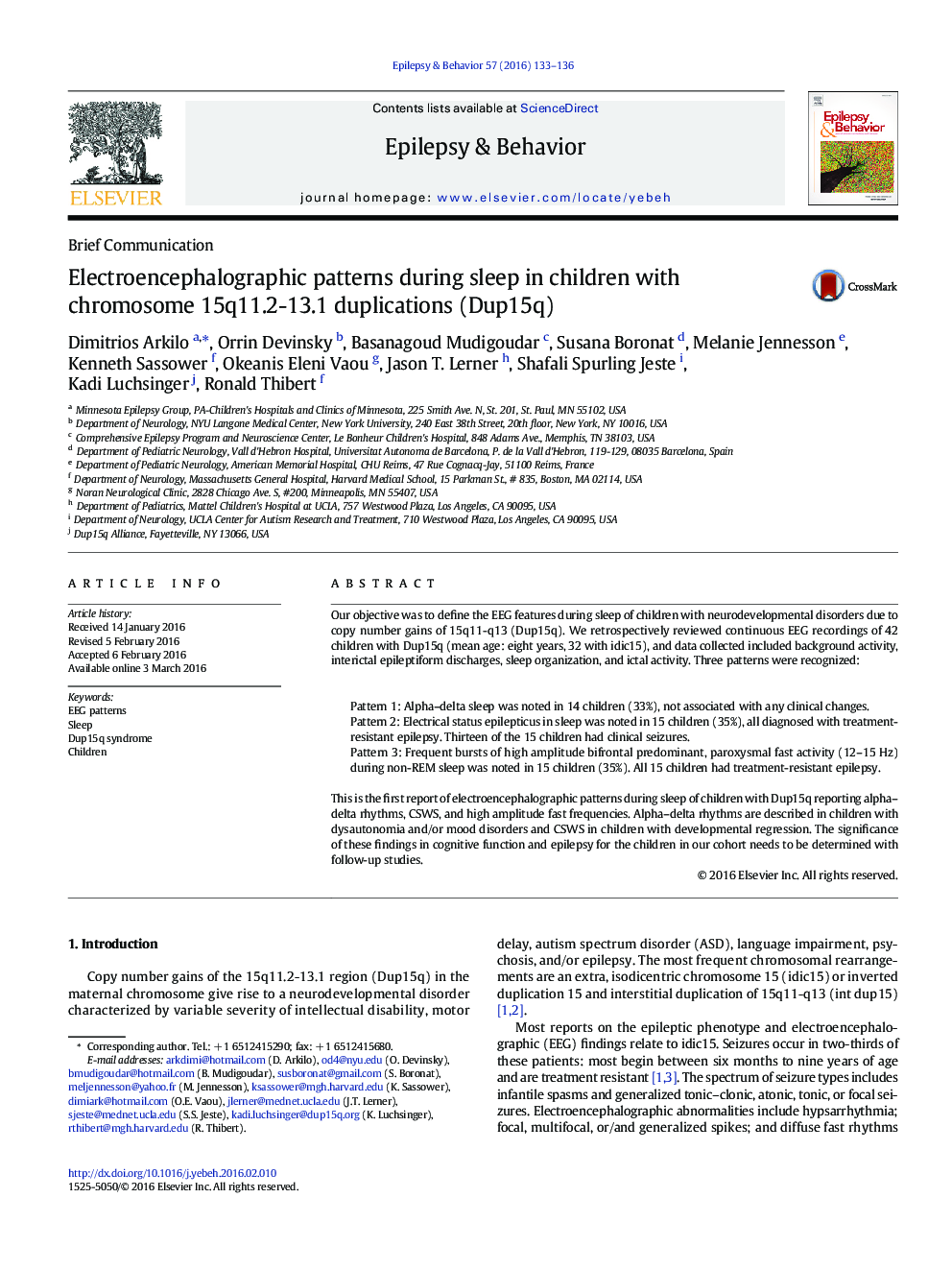 Brief CommunicationElectroencephalographic patterns during sleep in children with chromosome 15q11.2-13.1 duplications (Dup15q)