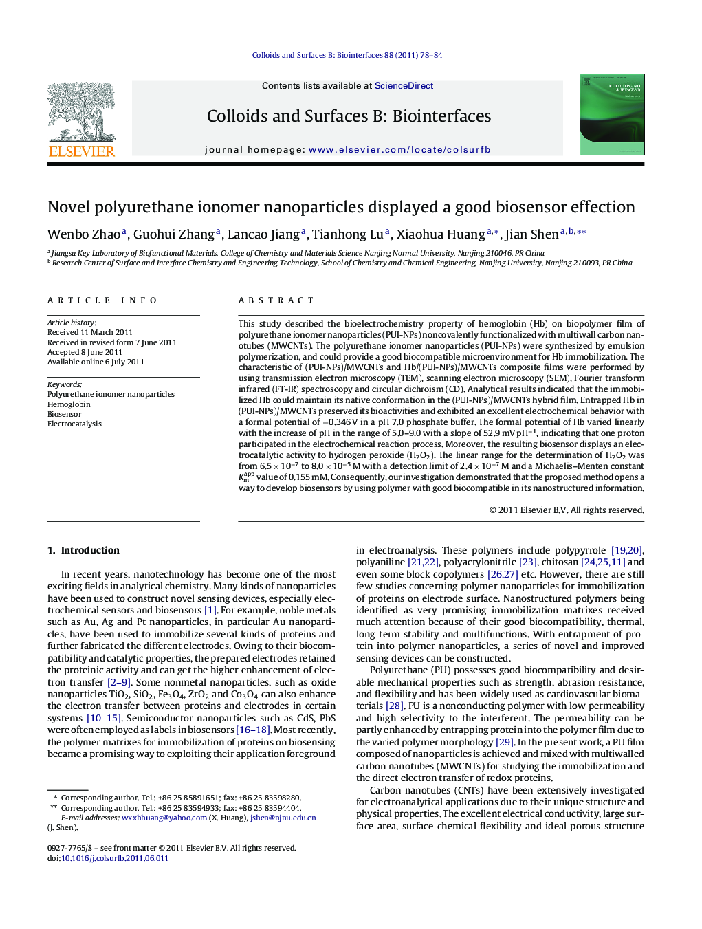 Novel polyurethane ionomer nanoparticles displayed a good biosensor effection