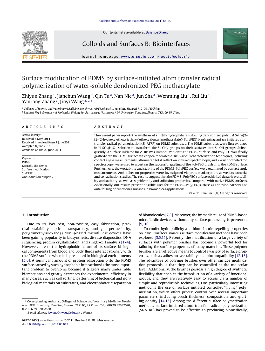 عکس صفحه اول مقاله: Surface modification of PDMS by surface-initiated atom transfer radical polymerization of water-soluble dendronized PEG methacrylate Surface modification of PDMS by surface-initiated atom transfer radical polymerization of water-soluble dendronized PEG methacrylate