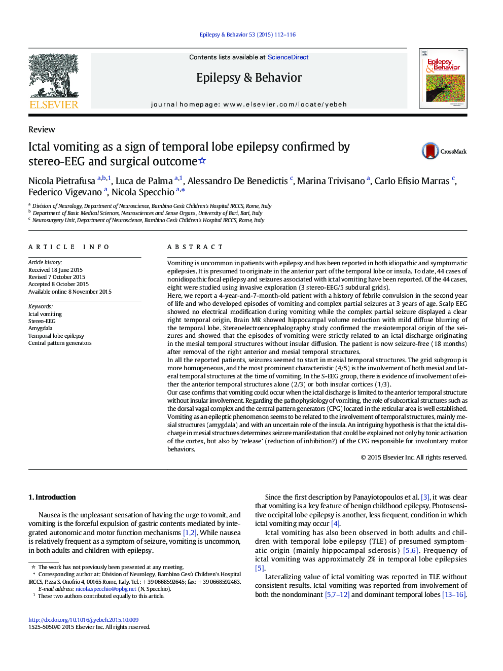 Ictal vomiting as a sign of temporal lobe epilepsy confirmed by stereo-EEG and surgical outcome