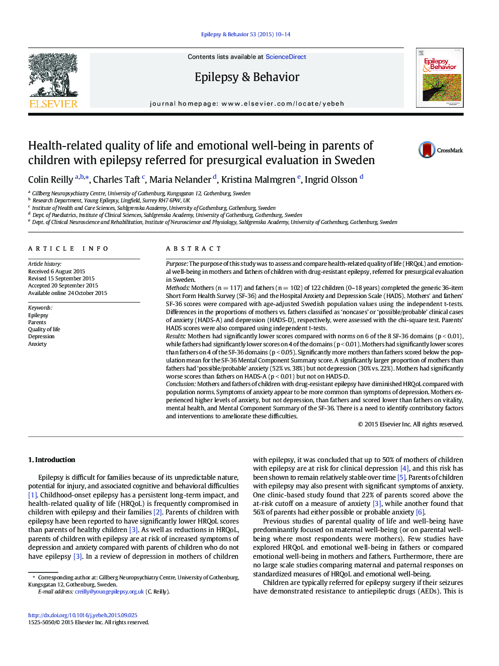 Health-related quality of life and emotional well-being in parents of children with epilepsy referred for presurgical evaluation in Sweden