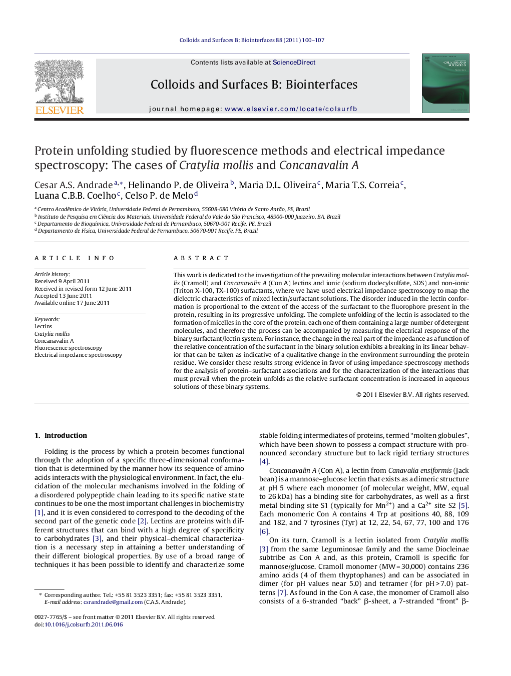 Protein unfolding studied by fluorescence methods and electrical impedance spectroscopy: The cases of Cratylia mollis and Concanavalin A