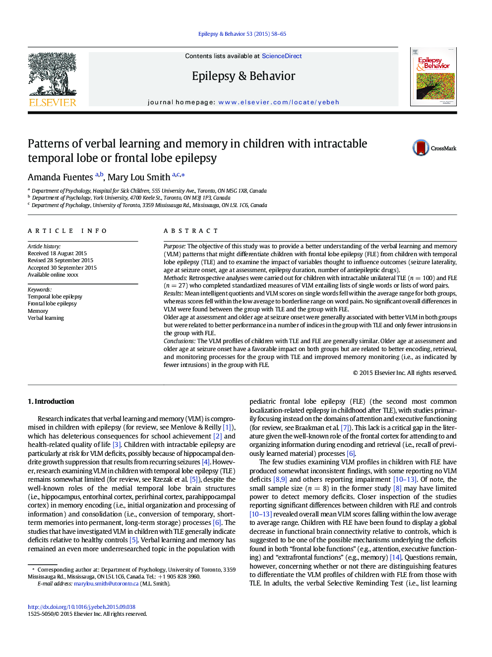 Patterns of verbal learning and memory in children with intractable temporal lobe or frontal lobe epilepsy