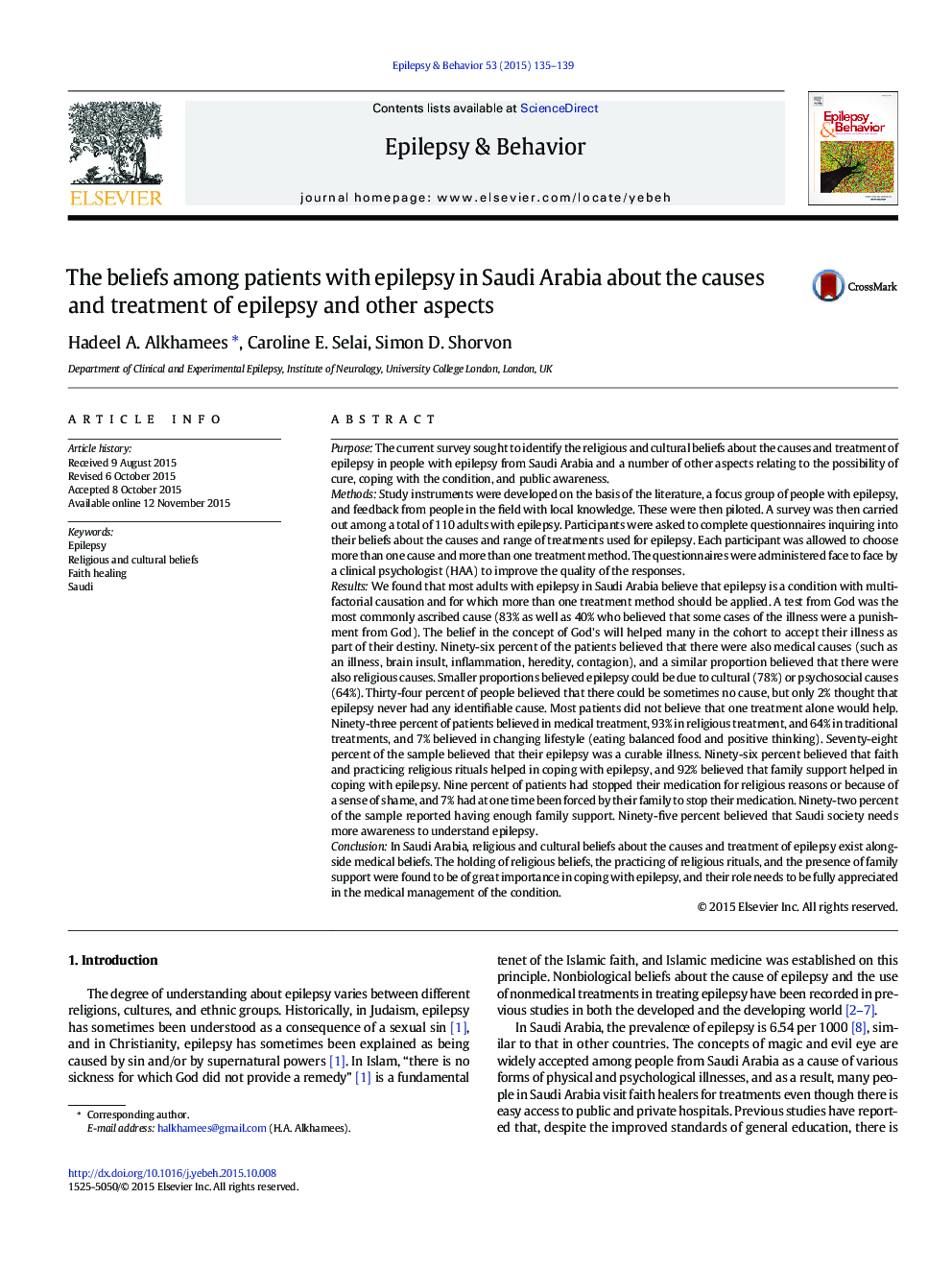 The beliefs among patients with epilepsy in Saudi Arabia about the causes and treatment of epilepsy and other aspects