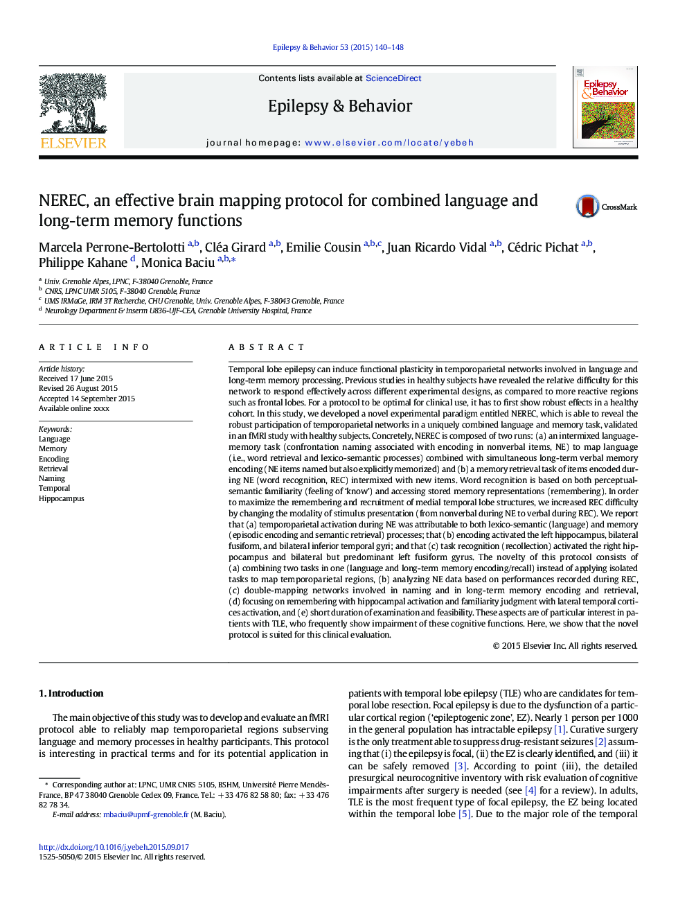 NEREC, an effective brain mapping protocol for combined language and long-term memory functions