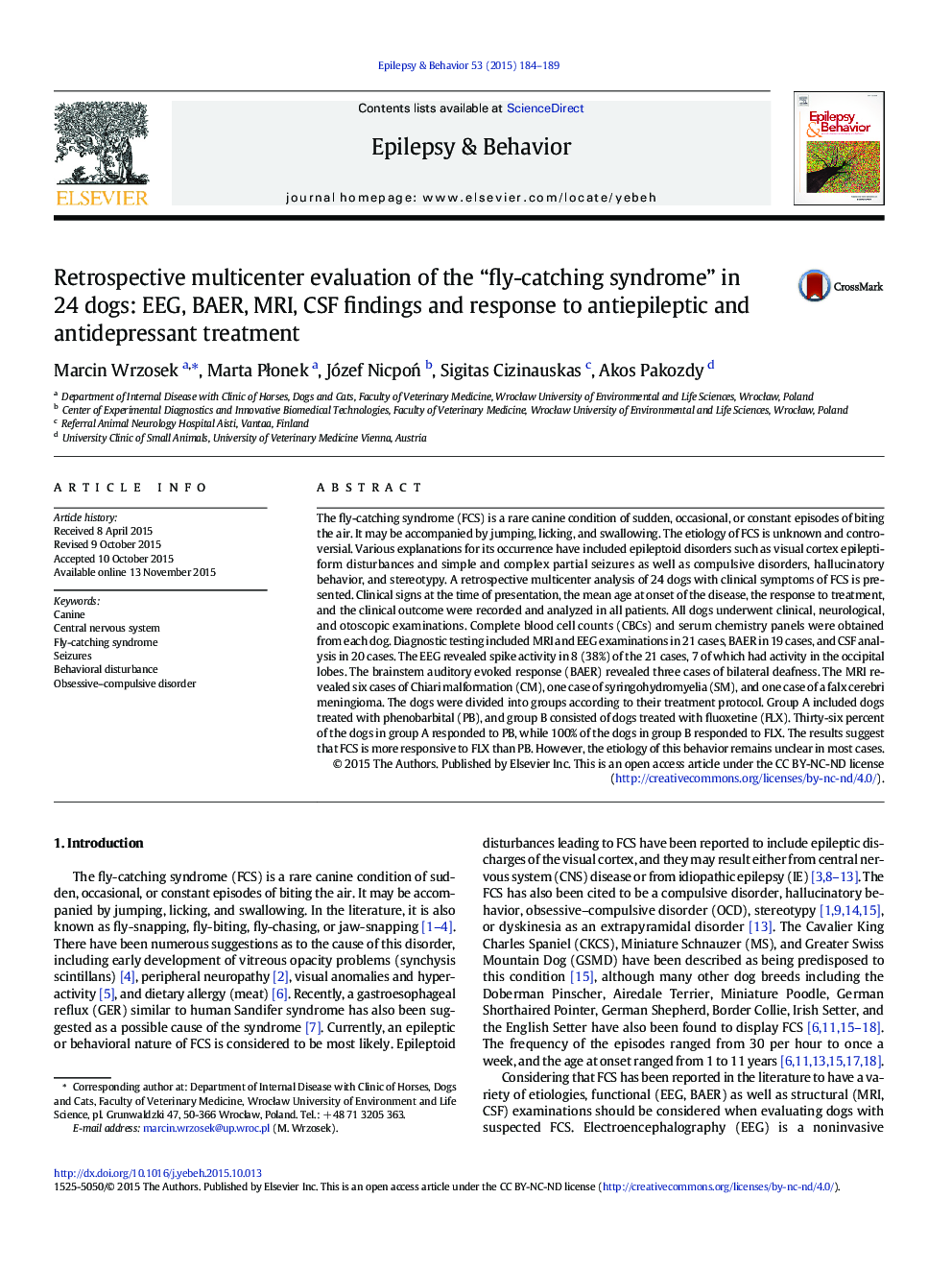 Retrospective multicenter evaluation of the “fly-catching syndrome” in 24 dogs: EEG, BAER, MRI, CSF findings and response to antiepileptic and antidepressant treatment