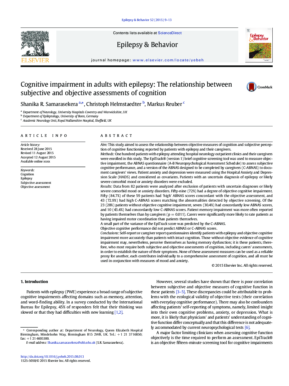 Cognitive impairment in adults with epilepsy: The relationship between subjective and objective assessments of cognition