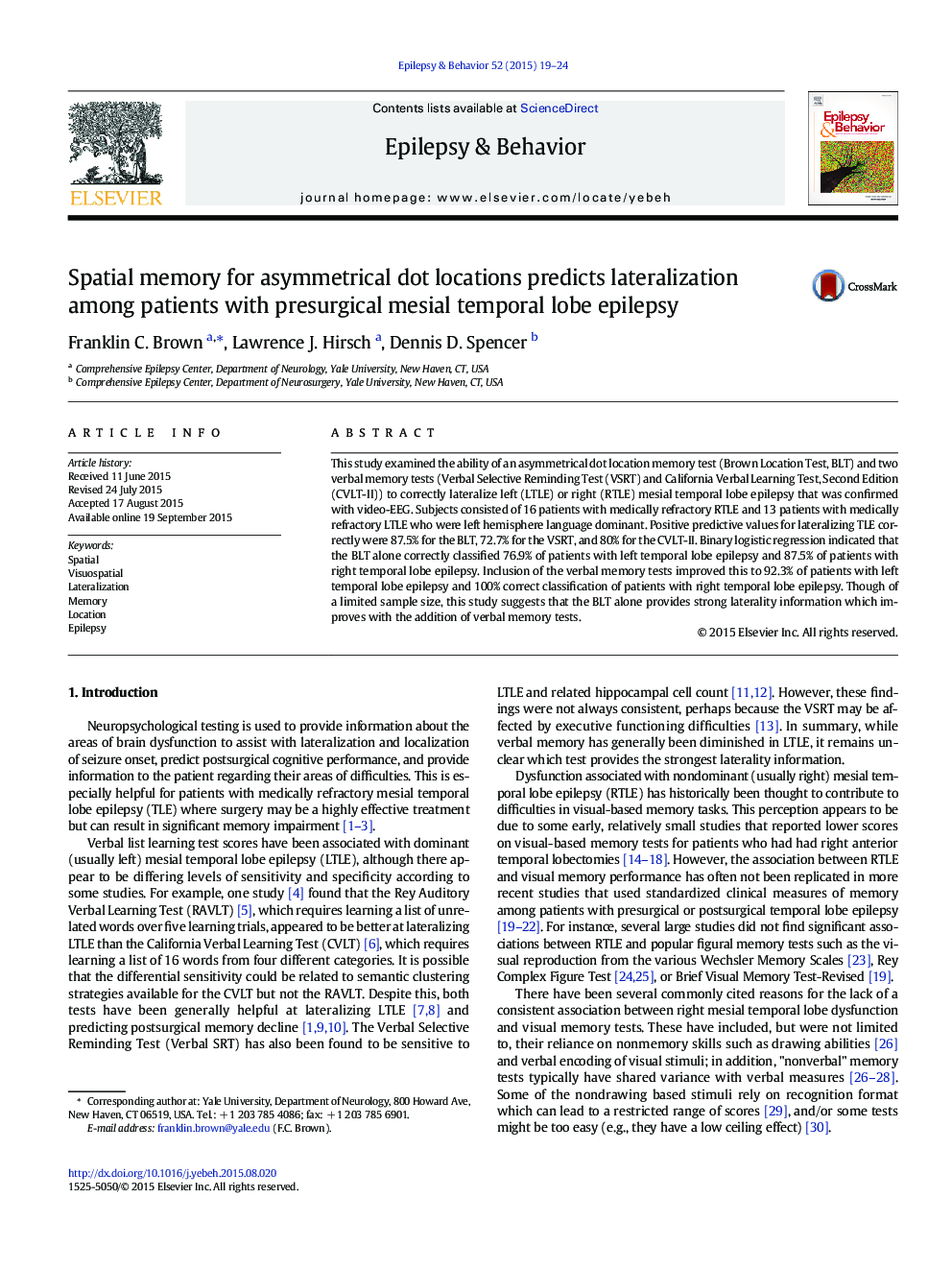 Spatial memory for asymmetrical dot locations predicts lateralization among patients with presurgical mesial temporal lobe epilepsy