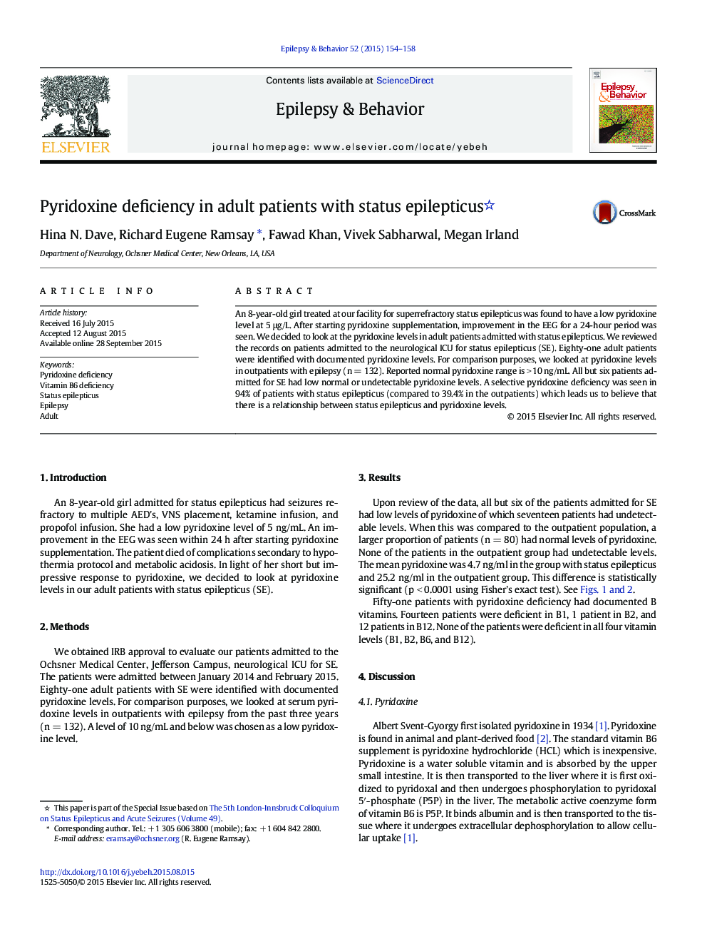 Pyridoxine deficiency in adult patients with status epilepticus