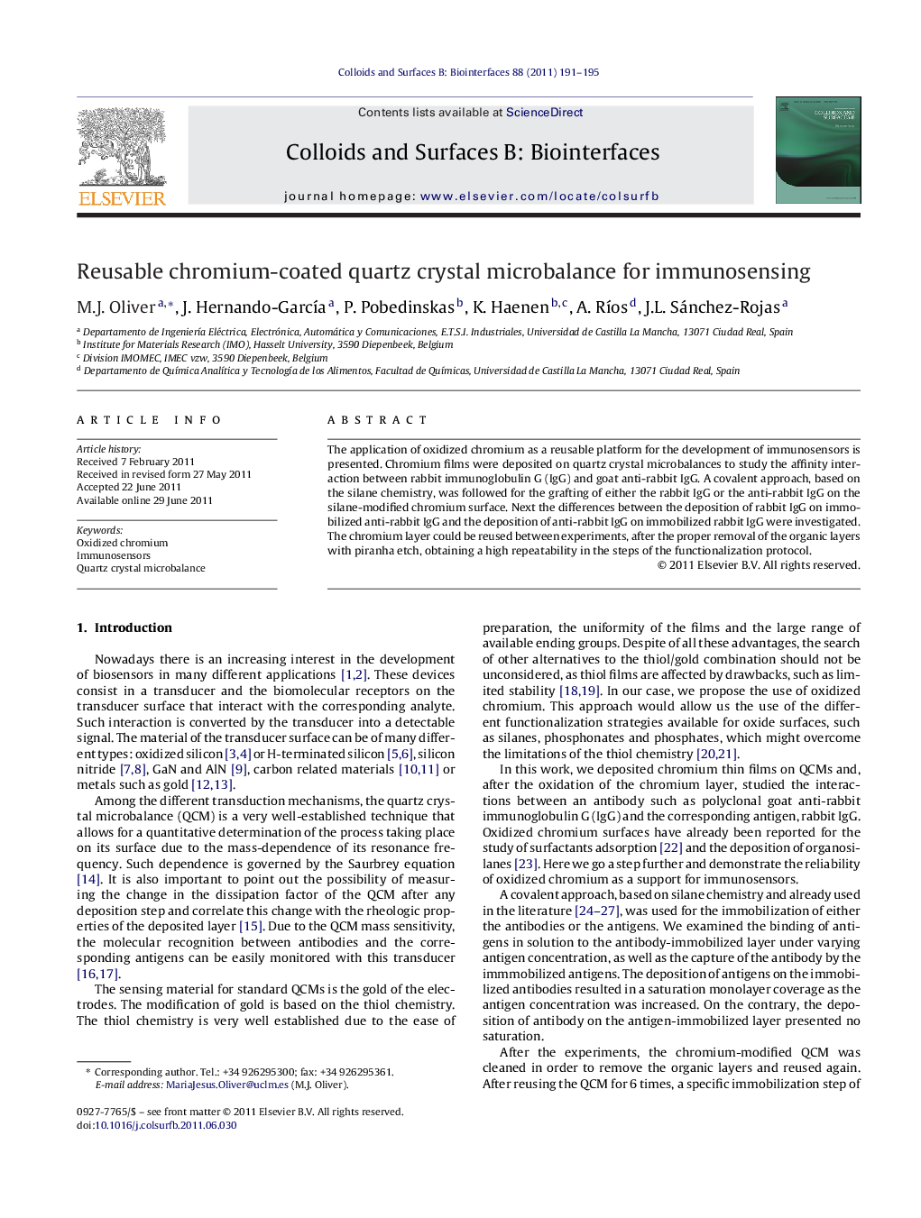 Reusable chromium-coated quartz crystal microbalance for immunosensing