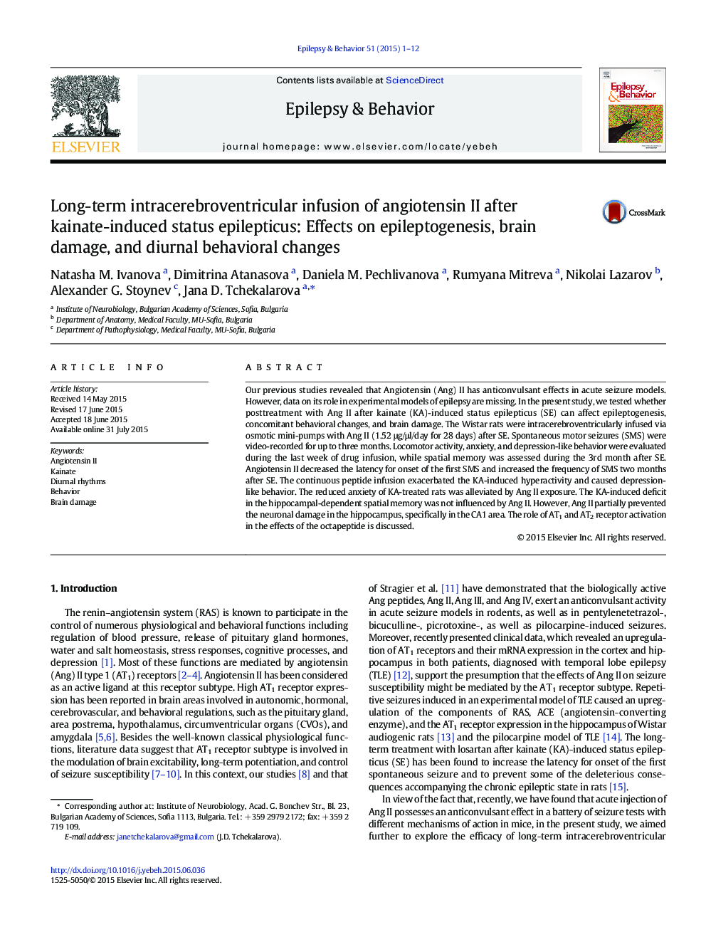 Long-term intracerebroventricular infusion of angiotensin II after kainate-induced status epilepticus: Effects on epileptogenesis, brain damage, and diurnal behavioral changes