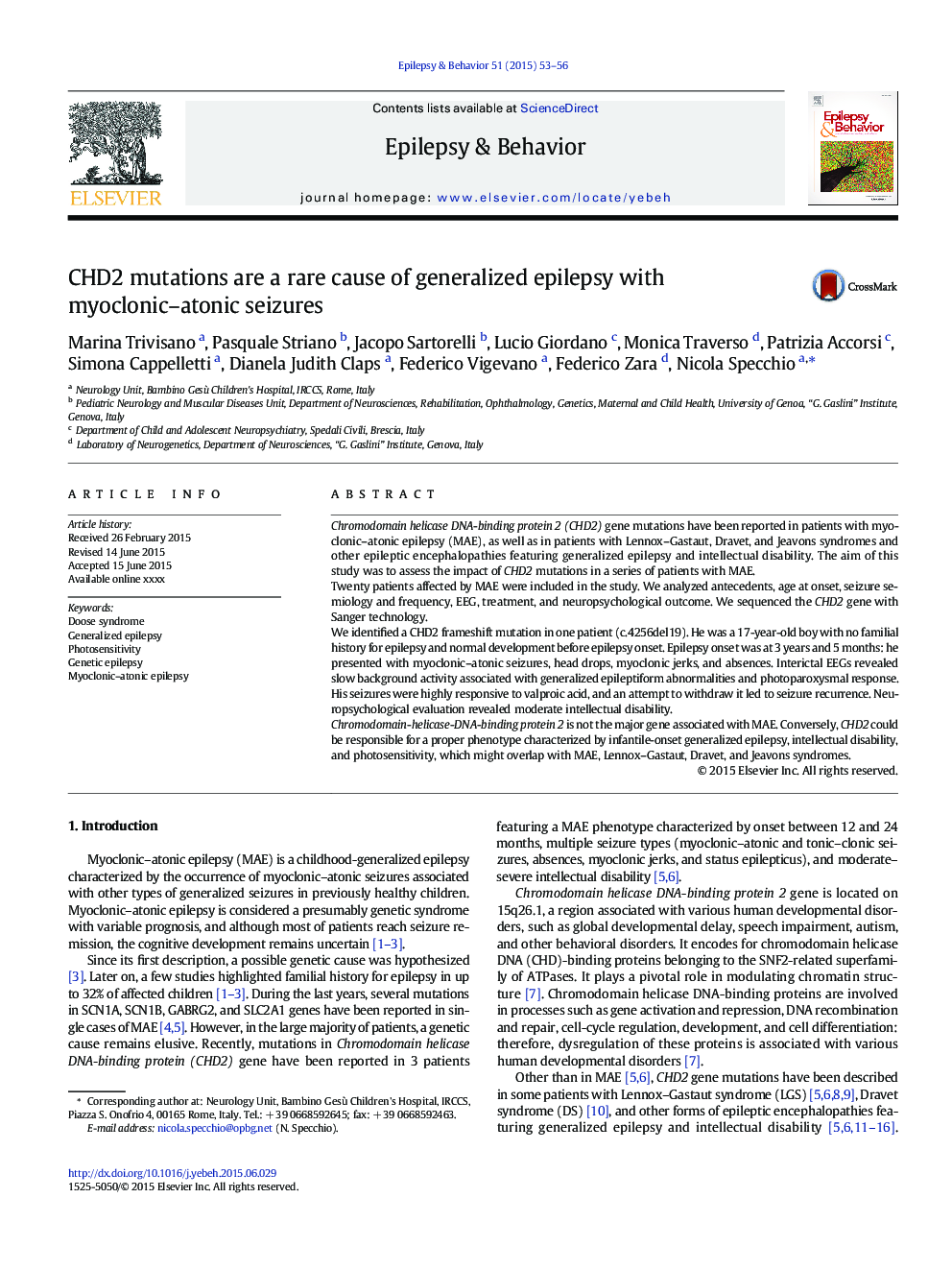 CHD2 mutations are a rare cause of generalized epilepsy with myoclonic-atonic seizures