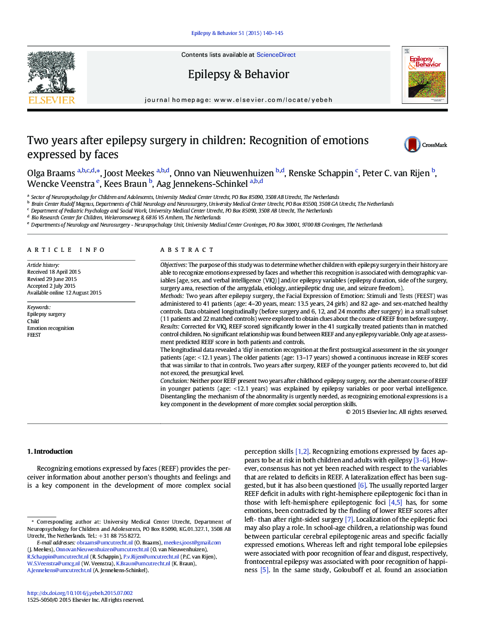 Two years after epilepsy surgery in children: Recognition of emotions expressed by faces