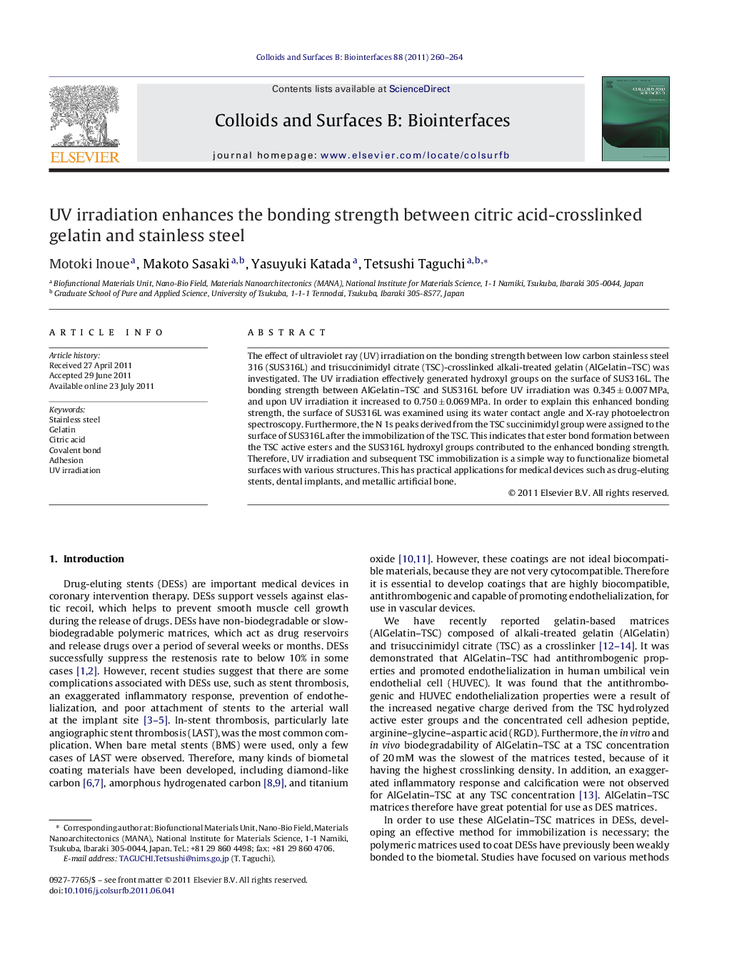 UV irradiation enhances the bonding strength between citric acid-crosslinked gelatin and stainless steel