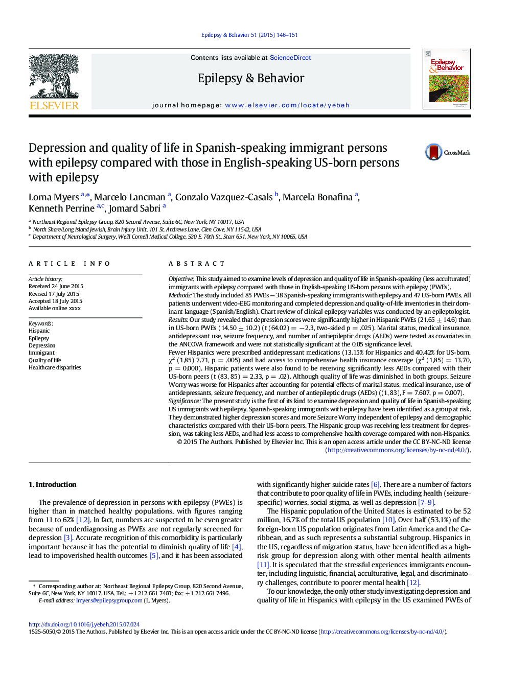 Depression and quality of life in Spanish-speaking immigrant persons with epilepsy compared with those in English-speaking US-born persons with epilepsy