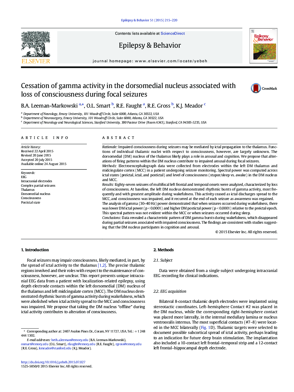 Cessation of gamma activity in the dorsomedial nucleus associated with loss of consciousness during focal seizures