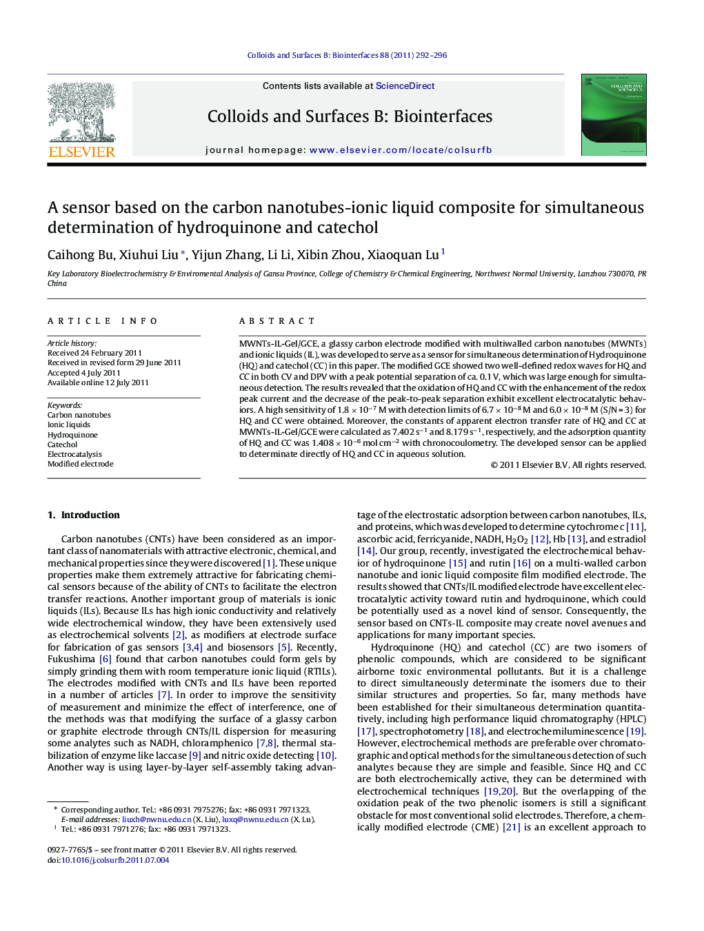 عکس صفحه اول مقاله: A sensor based on the carbon nanotubes-ionic liquid composite for simultaneous determination of hydroquinone and catechol A sensor based on the carbon nanotubes-ionic liquid composite for simultaneous determination of hydroquinone and catechol