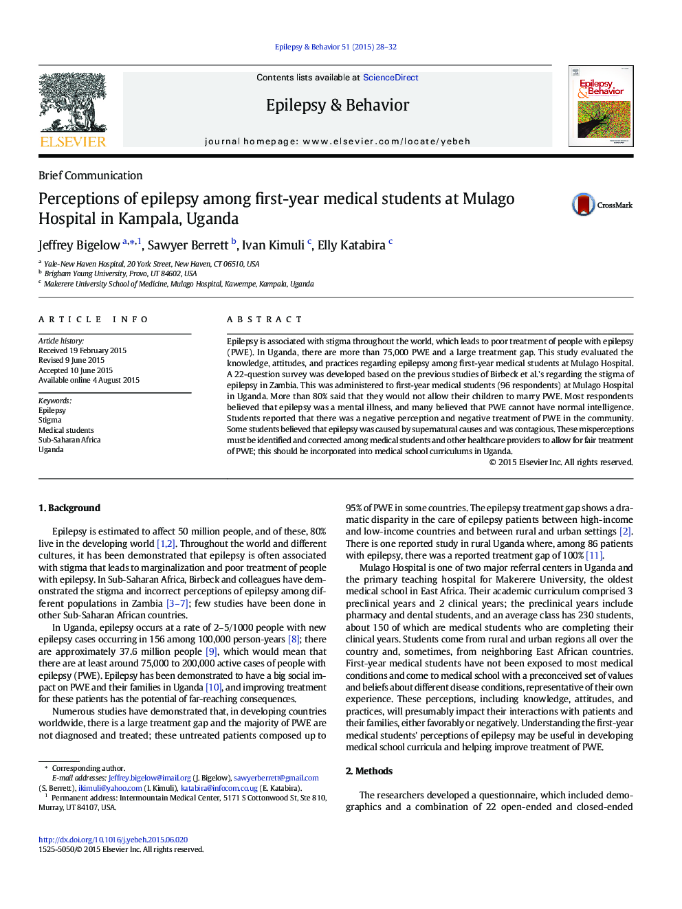 Perceptions of epilepsy among first-year medical students at Mulago Hospital in Kampala, Uganda