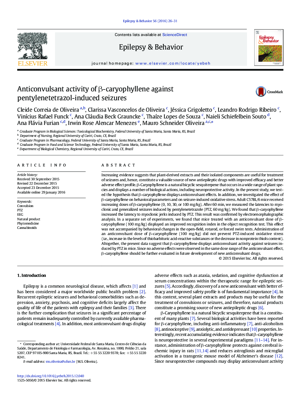 Anticonvulsant activity of Î²-caryophyllene against pentylenetetrazol-induced seizures