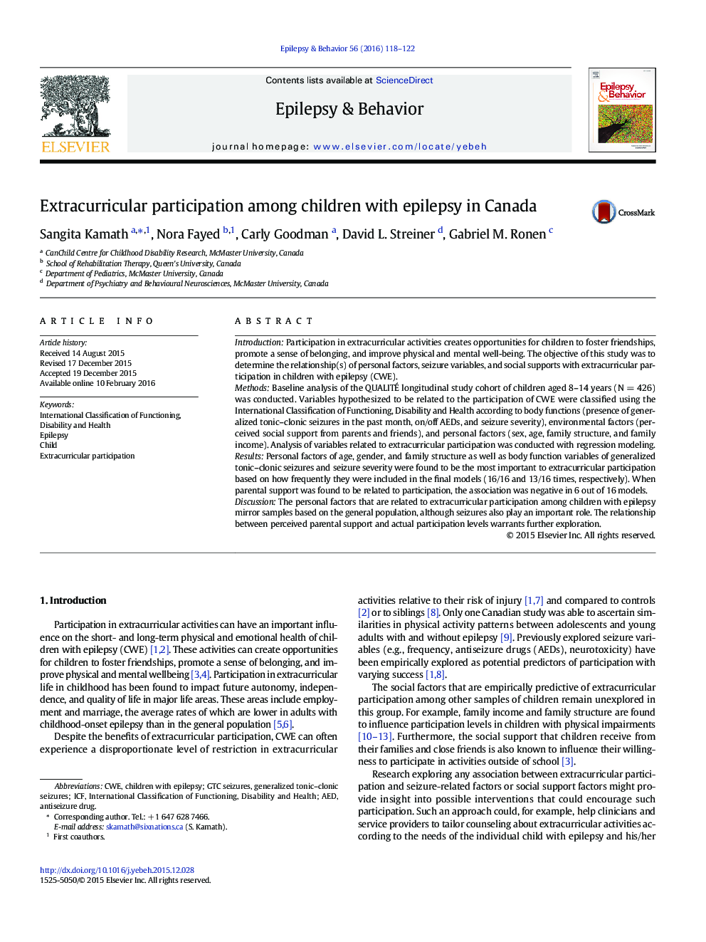 Extracurricular participation among children with epilepsy in Canada