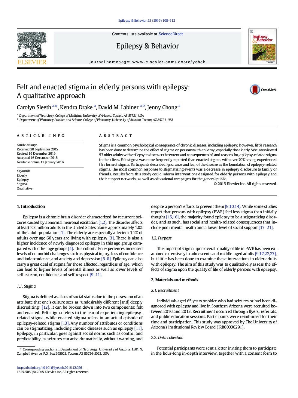 Felt and enacted stigma in elderly persons with epilepsy: A qualitative approach