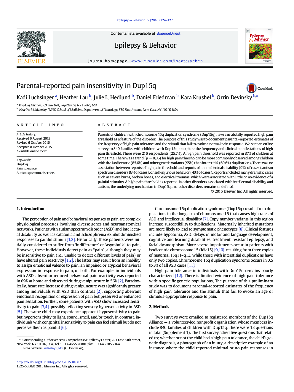 Parental-reported pain insensitivity in Dup15q